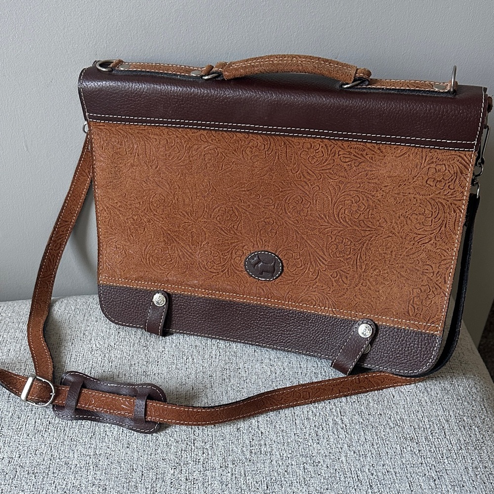 Gorgeous Vintage, Hand-Made Leather Embossed Floral Tote/Messenger Bag